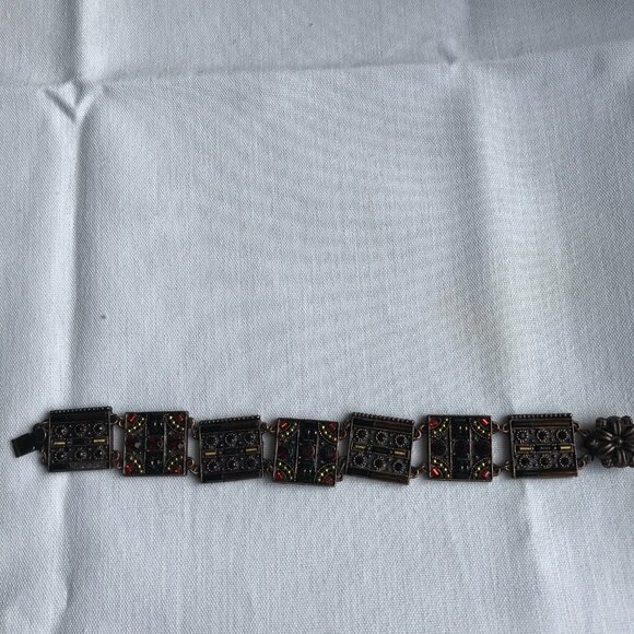 Vintage Copper Tile Link Bracelet w/Faceted Stones - 7" Long - Picture 4 of 16
